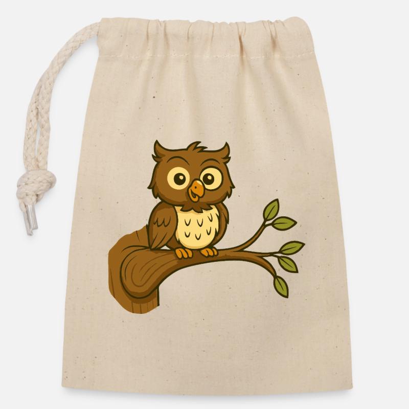 Mignon hibou de la forêt sur branche - Sac cadeau en coton avec cordon (14 x 20 cm) - nature