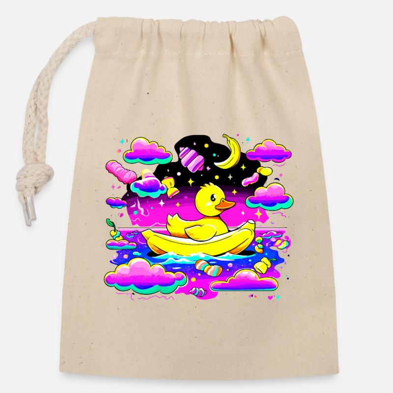 Bunte Quietscheente im Regenbogenboot - Verschließbarer Geschenkbeutel aus Baumwolle (14x20cm) - Natur