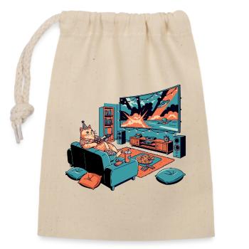 Thick Sofa Cat Chips TV Cinema Evening Cat Motif - Closable cotton gift bag (14x20cm) - nature - Front
