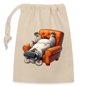 Hund mit VR Brille im Sessel - Verschließbarer Geschenkbeutel aus Baumwolle (14x20cm) - Natur - Vorne