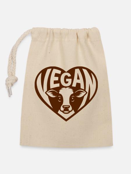 Vegan - Herz für Tiere mit Kälbchen - Verschließbarer Geschenkbeutel aus Baumwolle (14x20cm) - Natur
