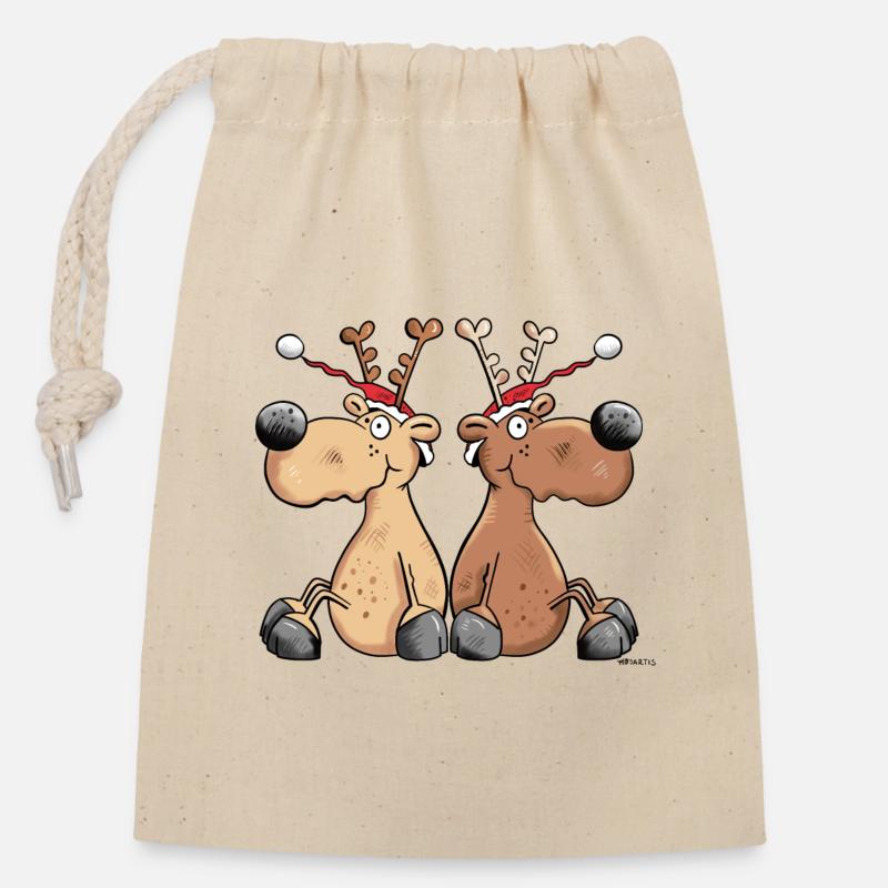 Renne de Noël - Sac cadeau en coton avec cordon (14 x 20 cm) - nature