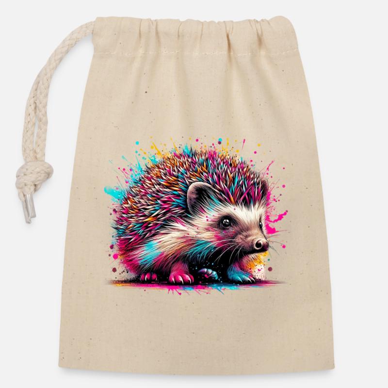 Hérisson - Sac cadeau en coton avec cordon (14 x 20 cm) - nature