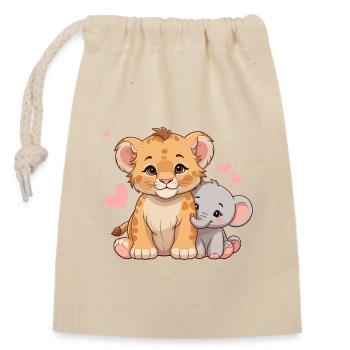 Bébé lion et bébé éléphant – Motif de l’amitié douce - Sac cadeau en coton avec cordon (14 x 20 cm) - nature - Devant