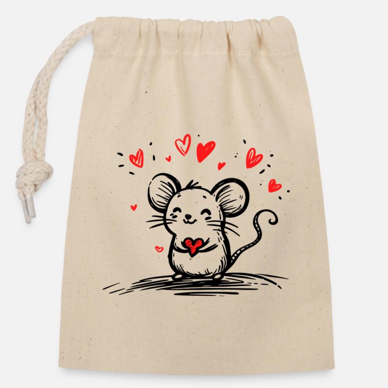 Souris amoureuse de cœurs flottants - Sac cadeau en coton avec cordon (14 x 20 cm) - nature