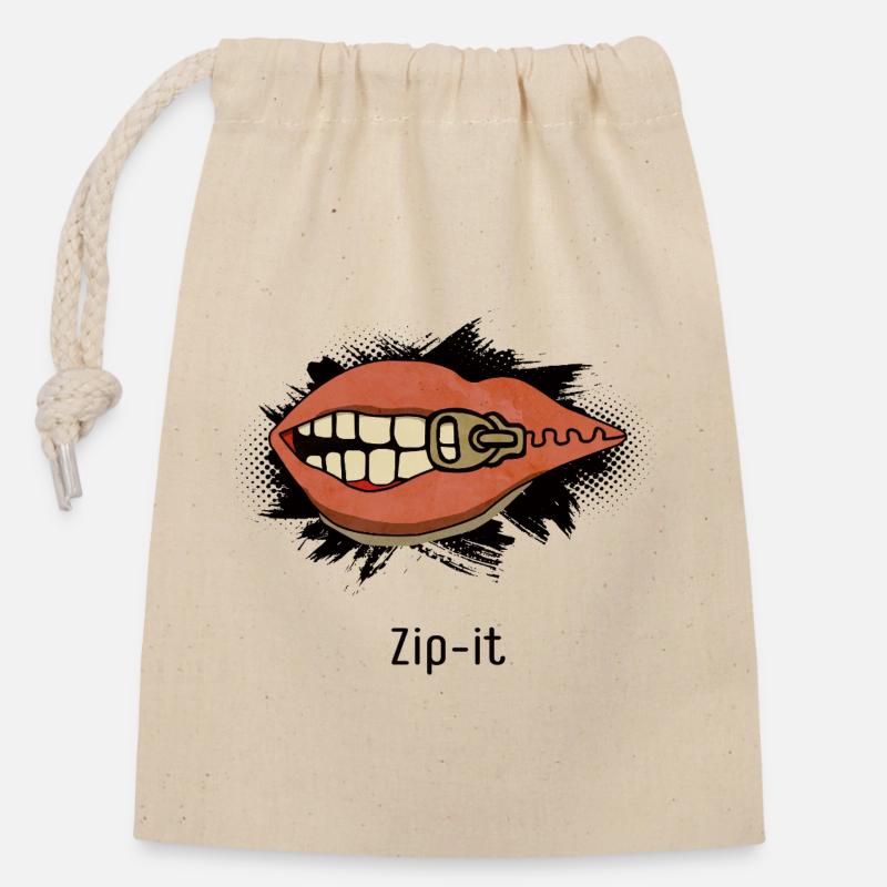 Zip it – cheeky statement in a pop art look - Closable cotton gift bag (14x20cm) - nature