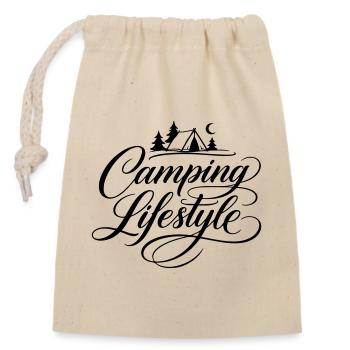 Camping Leben Spruch Zelt - Verschließbarer Geschenkbeutel aus Baumwolle (14x20cm) - Natur - Vorne