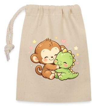 Câlin mignon singe et bébé dinosaure - Sac cadeau en coton avec cordon (14 x 20 cm) - nature - Devant