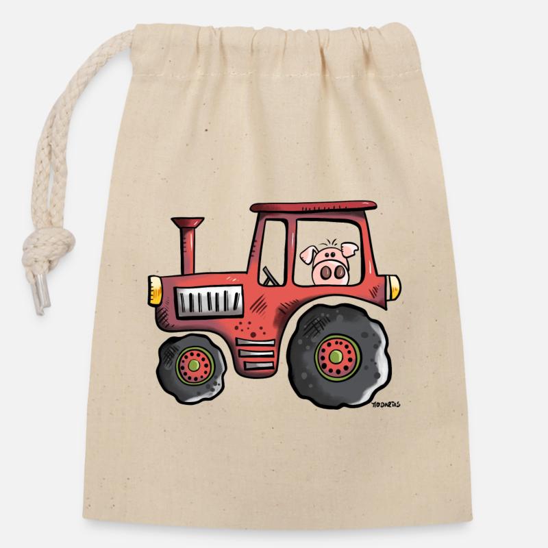 Pig driving a tractor - Closable cotton gift bag (14x20cm) - nature