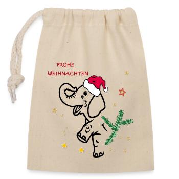 Weihnachten, Elefant - Verschließbarer Geschenkbeutel aus Baumwolle (14x20cm) - Natur - Vorne