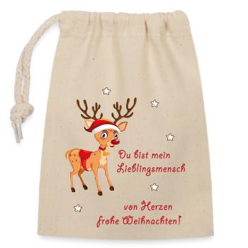 Lieblingsmensch Weihnachten Rentier - Verschließbarer Geschenkbeutel aus Baumwolle (14x20cm) - Natur - Vorne
