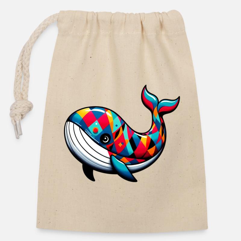 Arlequin baleine - Sac cadeau en coton avec cordon (14 x 20 cm) - nature