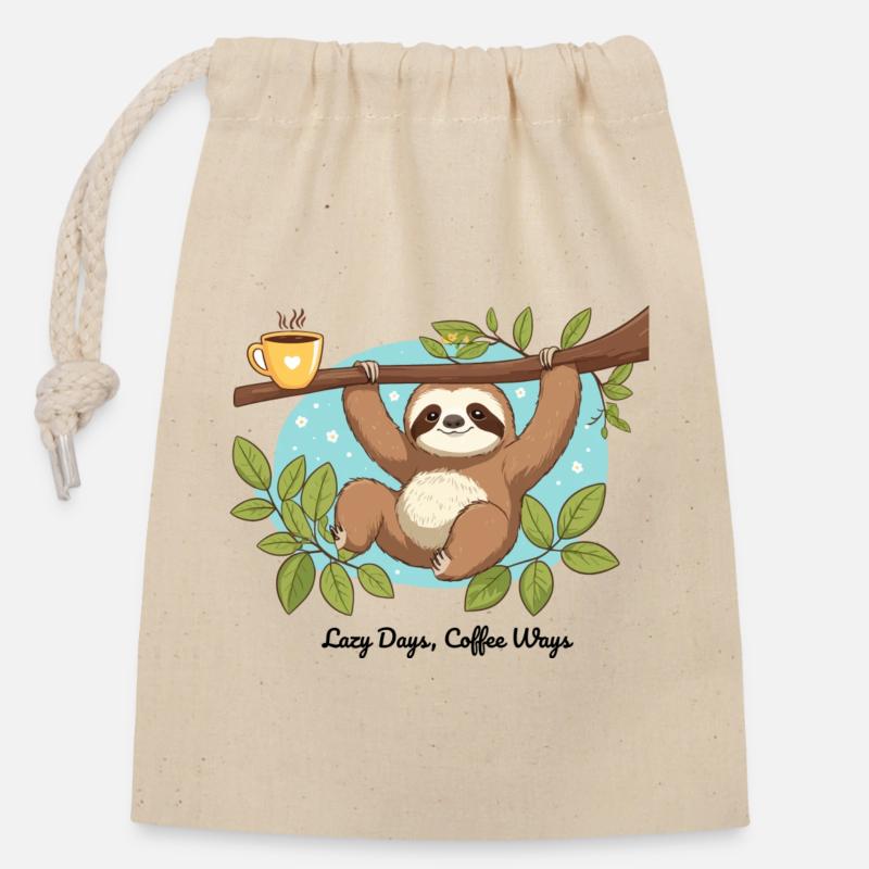 Lazy Days, Coffee Ways – Sloth - Closable cotton gift bag (14x20cm) - nature