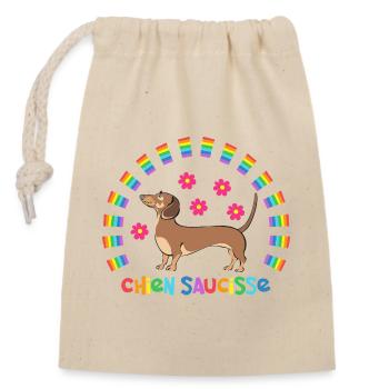 chien saucisse avec arc en ciel - Sac cadeau en coton avec cordon (14 x 20 cm) - nature - Devant