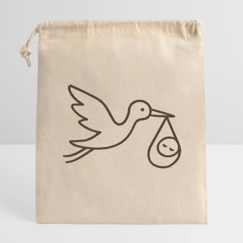 Cigogne avec bébé enfant - Arrivée minimale de bébé Sac cadeau en coton avec cordon (14 x 20 cm)