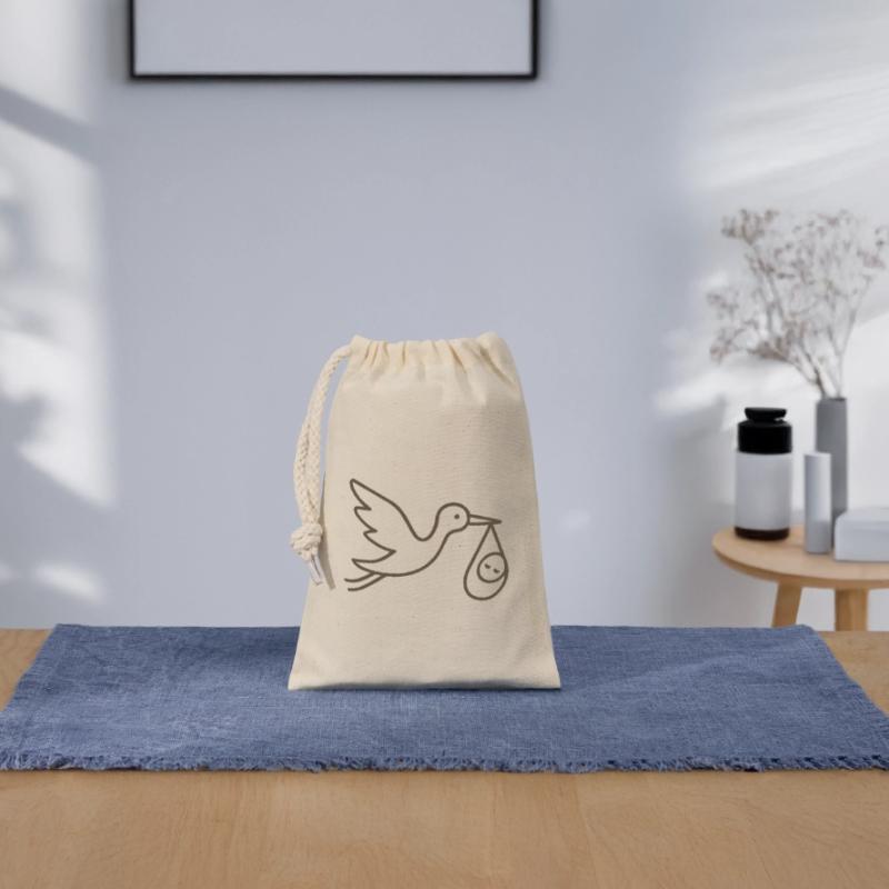 Cigogne avec bébé enfant - Arrivée minimale de bébé Sac cadeau en coton avec cordon (14 x 20 cm)