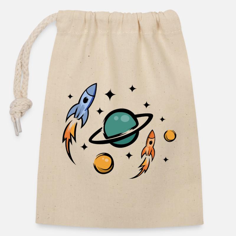 Retro Future Raketen & Planeten Collage - Verschließbarer Geschenkbeutel aus Baumwolle (14x20cm) - Natur