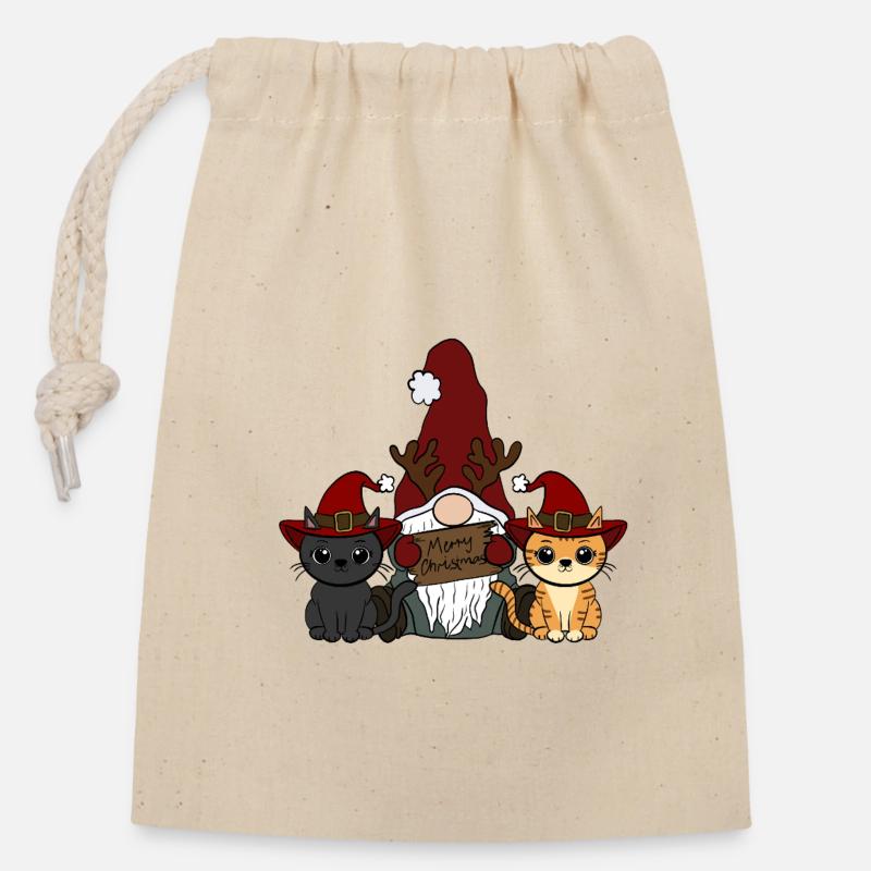 Gnomes de chat - Sac cadeau en coton avec cordon (14 x 20 cm) - nature