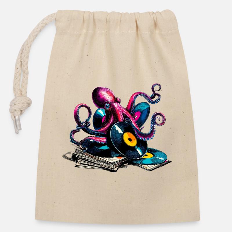 Farbenfroher Vinyl-Oktopus - Verschließbarer Geschenkbeutel aus Baumwolle (14x20cm) - Natur