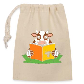 Reading cow in ribbon - Closable cotton gift bag (14x20cm) - nature - Front