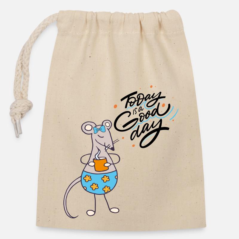 Mouse with a cup of coffee - Closable cotton gift bag (14x20cm) - nature