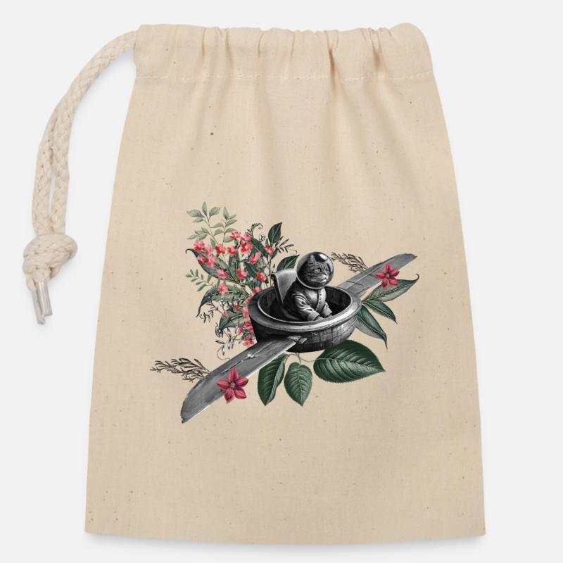 Le chat volant - Sac cadeau en coton avec cordon (14 x 20 cm) - nature