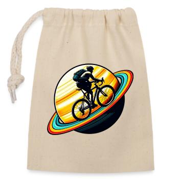 Radfahrer auf dem Saturn - Verschließbarer Geschenkbeutel aus Baumwolle (14x20cm) - Natur - Vorne