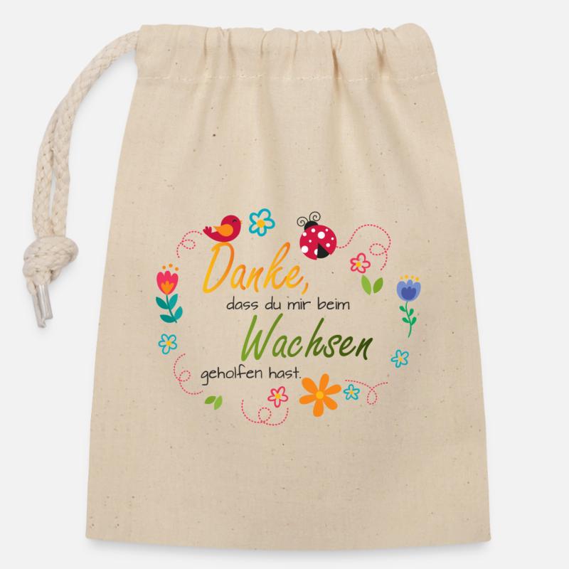 Blumenkranz - bunte Blumen - Vogel - Marienkäfer  - Verschließbarer Geschenkbeutel aus Baumwolle (14x20cm) - Natur