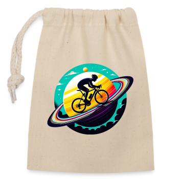 Radfahrer auf dem Saturn - Verschließbarer Geschenkbeutel aus Baumwolle (14x20cm) - Natur - Vorne