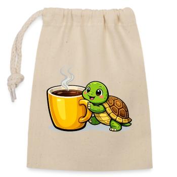 Kaffeeturtle mit dampfendem Becher - Verschließbarer Geschenkbeutel aus Baumwolle (14x20cm) - Natur - Vorne