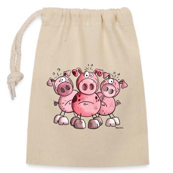 Schweine Trio - Verschließbarer Geschenkbeutel aus Baumwolle (14x20cm) - Natur - Vorne