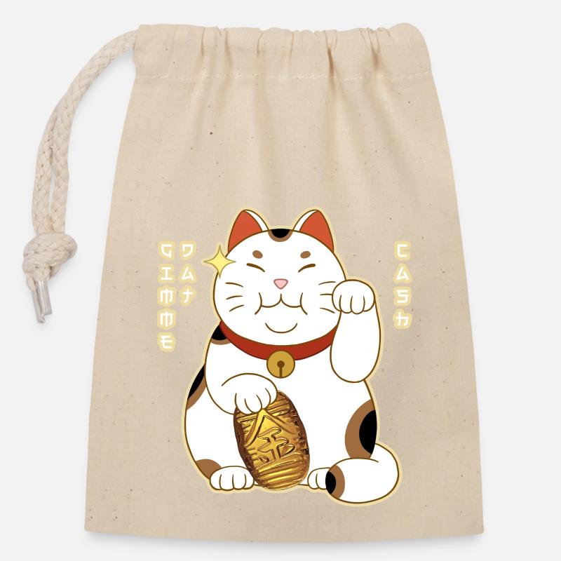 Manekineko - Glückskatze - Verschließbarer Geschenkbeutel aus Baumwolle (14x20cm) - Natur