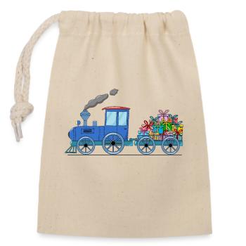 Kinderzug Eisenbahn mit Anhänger in blau - Verschließbarer Geschenkbeutel aus Baumwolle (14x20cm) - Natur - Vorne