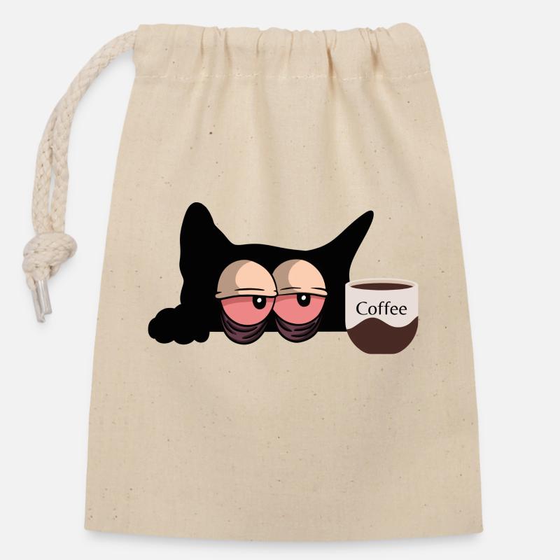Chat de café - Sac cadeau en coton avec cordon (14 x 20 cm) - nature