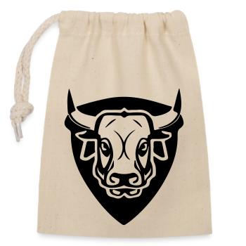 Stier vorne mit Schild - Verschließbarer Geschenkbeutel aus Baumwolle (14x20cm) - Natur - Vorne