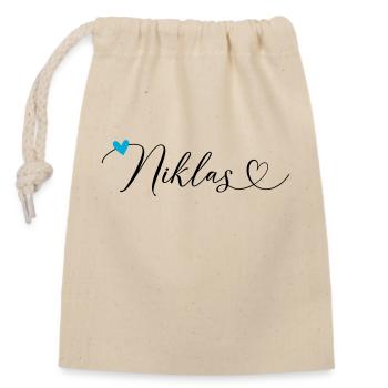 Niklas Name Vorname Kalligrafieherz - Verschließbarer Geschenkbeutel aus Baumwolle (14x20cm) - Natur - Vorne