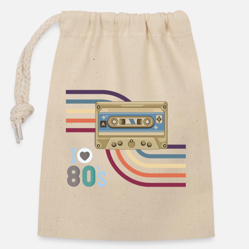 Cassette Love 80s Rétro - Sac cadeau en coton avec cordon (14 x 20 cm) - nature