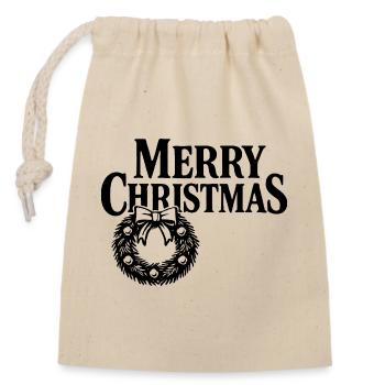 Merry-Christmas lettering with festive wreath - Closable cotton gift bag (14x20cm) - nature - Front