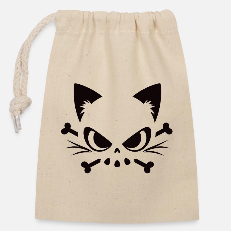 Crâne de chat | Motif minimaliste de Skull & Bones - Sac cadeau en coton avec cordon (14 x 20 cm) - nature