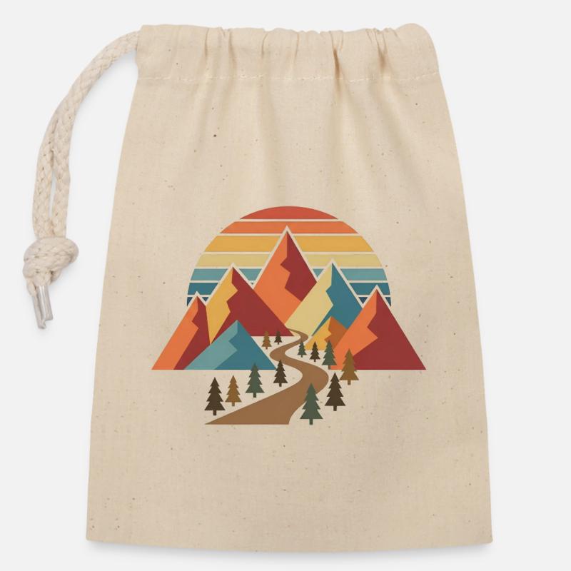 Conception rétro de randonnée en montagne - Sac cadeau en coton avec cordon (14 x 20 cm) - nature