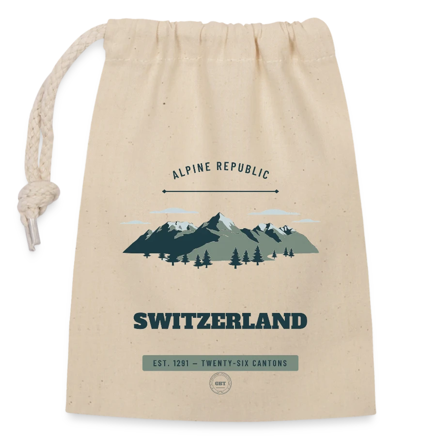 Switzerland badge on a closable cotton gift bag (14x20cm), nature