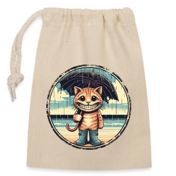 Laughing cat with rubber boots and umbrella - Closable cotton gift bag (14x20cm) - nature - Front