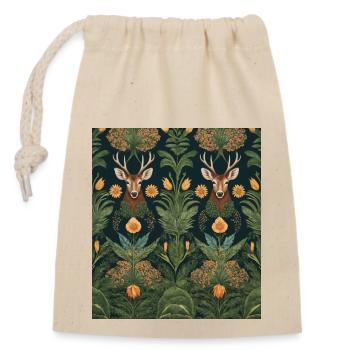 Symmetrisches Muster mit Reh und Blumen - Verschließbarer Geschenkbeutel aus Baumwolle (14x20cm) - Natur - Vorne