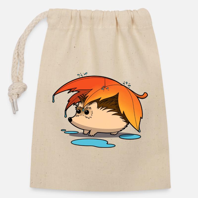 Hérisson sous parapluie feuillu - Sac cadeau en coton avec cordon (14 x 20 cm) - nature