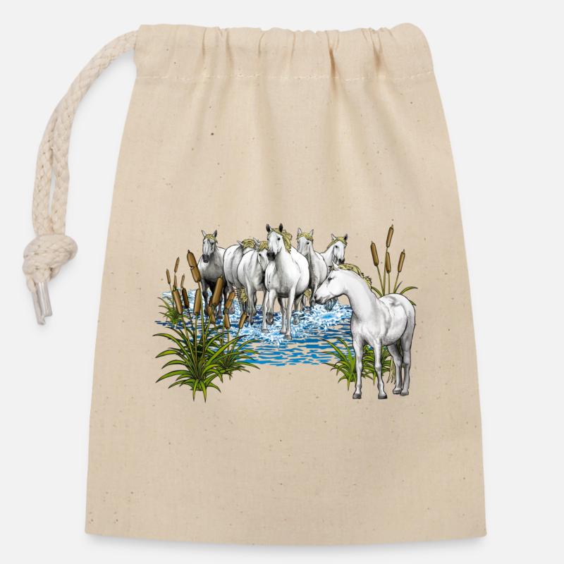 Chevaux camarguais - Sac cadeau en coton avec cordon (14 x 20 cm) - nature