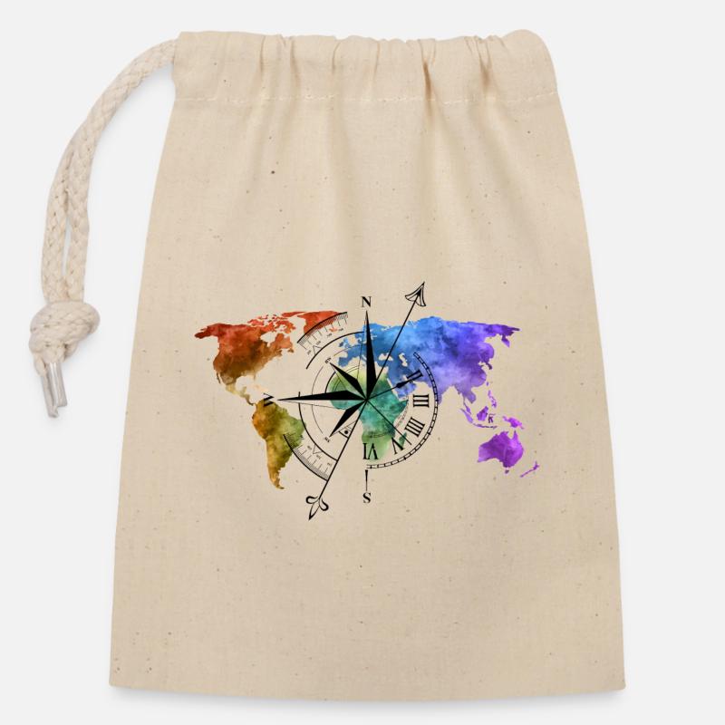 Globetrotter Compass - Closable cotton gift bag (14x20cm) - nature