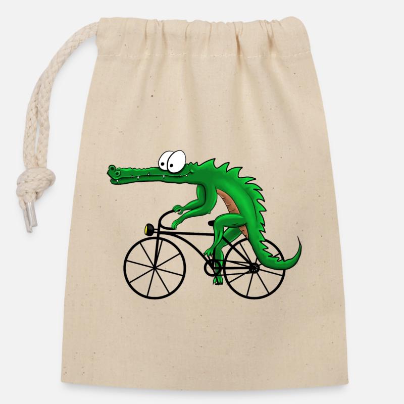 Krokodil mit Fahrrad - Verschließbarer Geschenkbeutel aus Baumwolle (14x20cm) - Natur