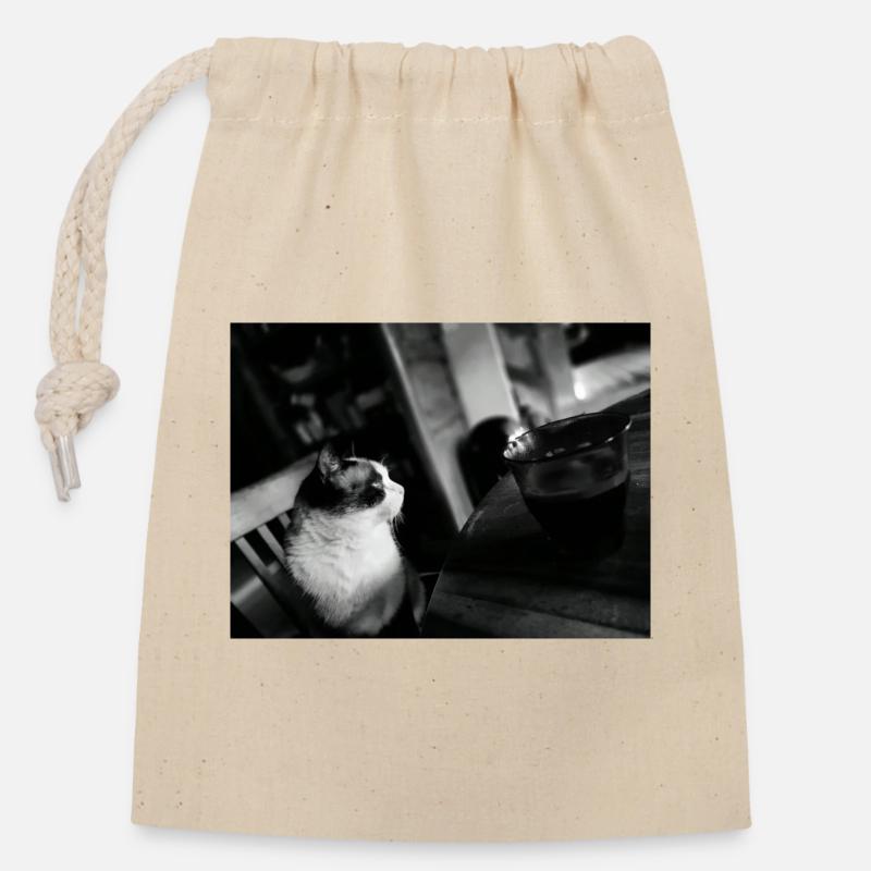 Chat noir et tasse au café - Sac cadeau en coton avec cordon (14 x 20 cm) - nature