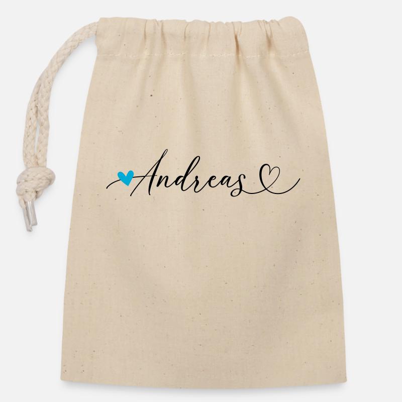 Andreas Name Vorname Kalligrafieherz - Verschließbarer Geschenkbeutel aus Baumwolle (14x20cm) - Natur