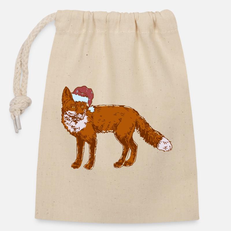 RENARD DE NOËL - Sac cadeau en coton avec cordon (14 x 20 cm) - nature